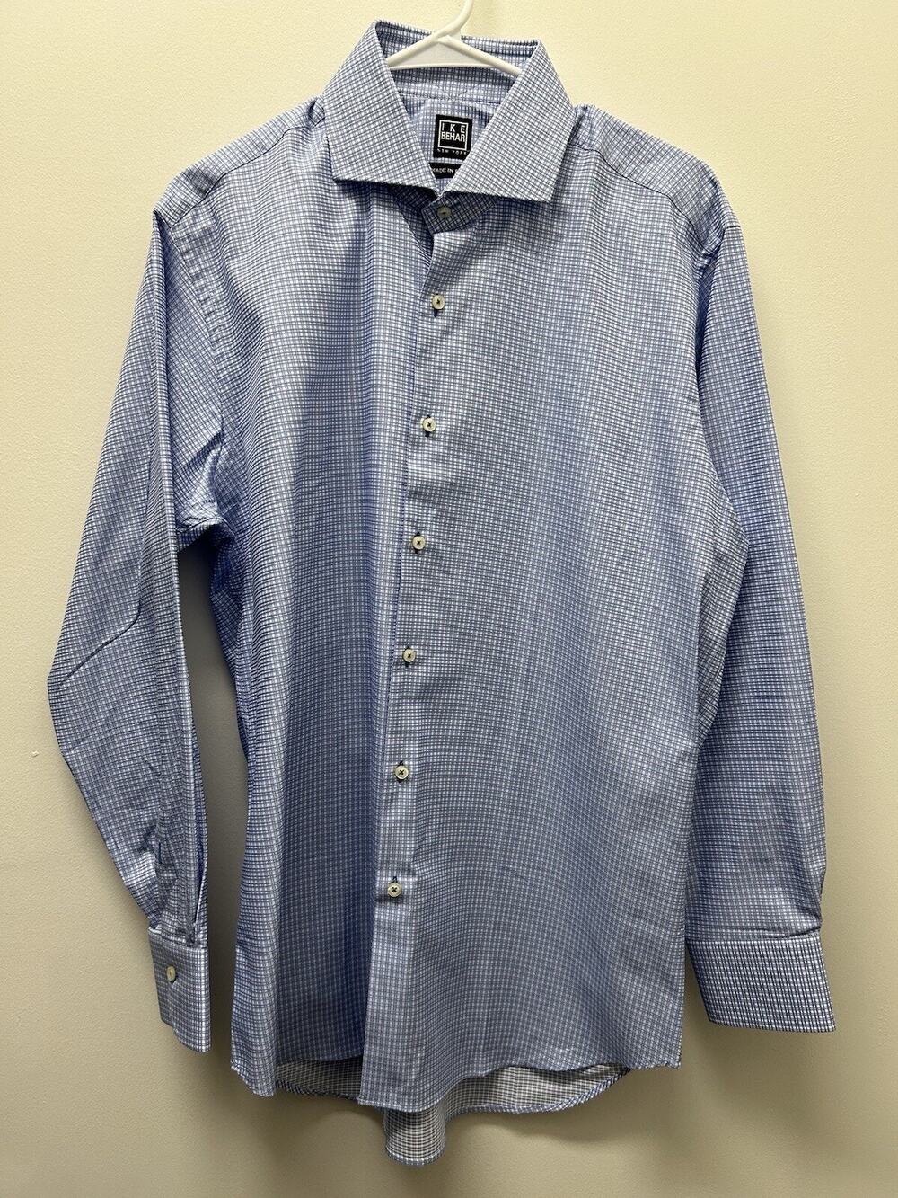 IKE BEHAR Men’s Blue White Plaid 100% Cotton Long Sleeve Shirt Size 16.5 32/33